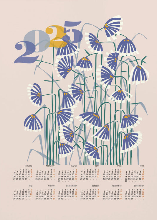 calendar 2025 Linocut flowers peachy pastel | Poster