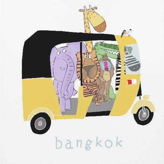 Gli animali della giungla fanno un giro su un tuk tuk di Bangkok di Carla Daly | Stampe su Tela
