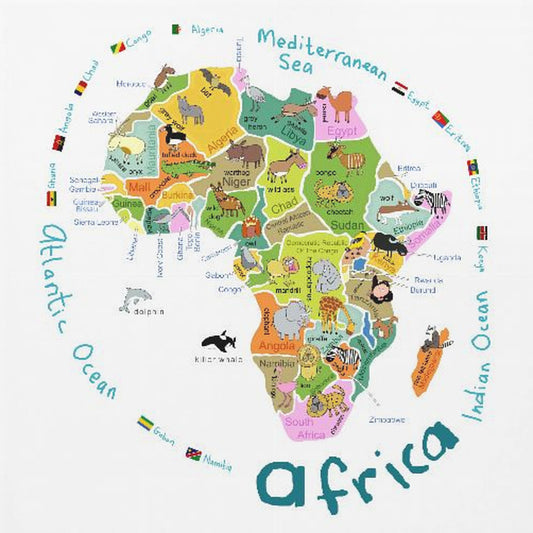 Mappa illustrata dell'Africa con paesi e simpatici animali di Carla Daly | Stampe su Tela